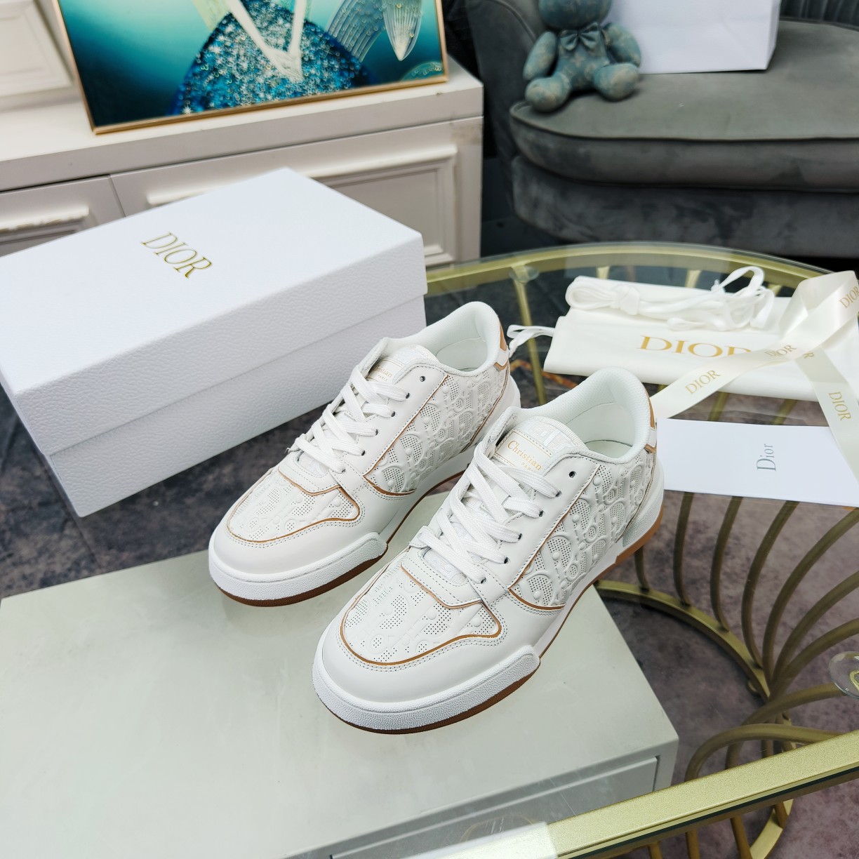 Dior One White and Nude Dior Oblique Perforated Calfskin Sneaker  - DopestKickz