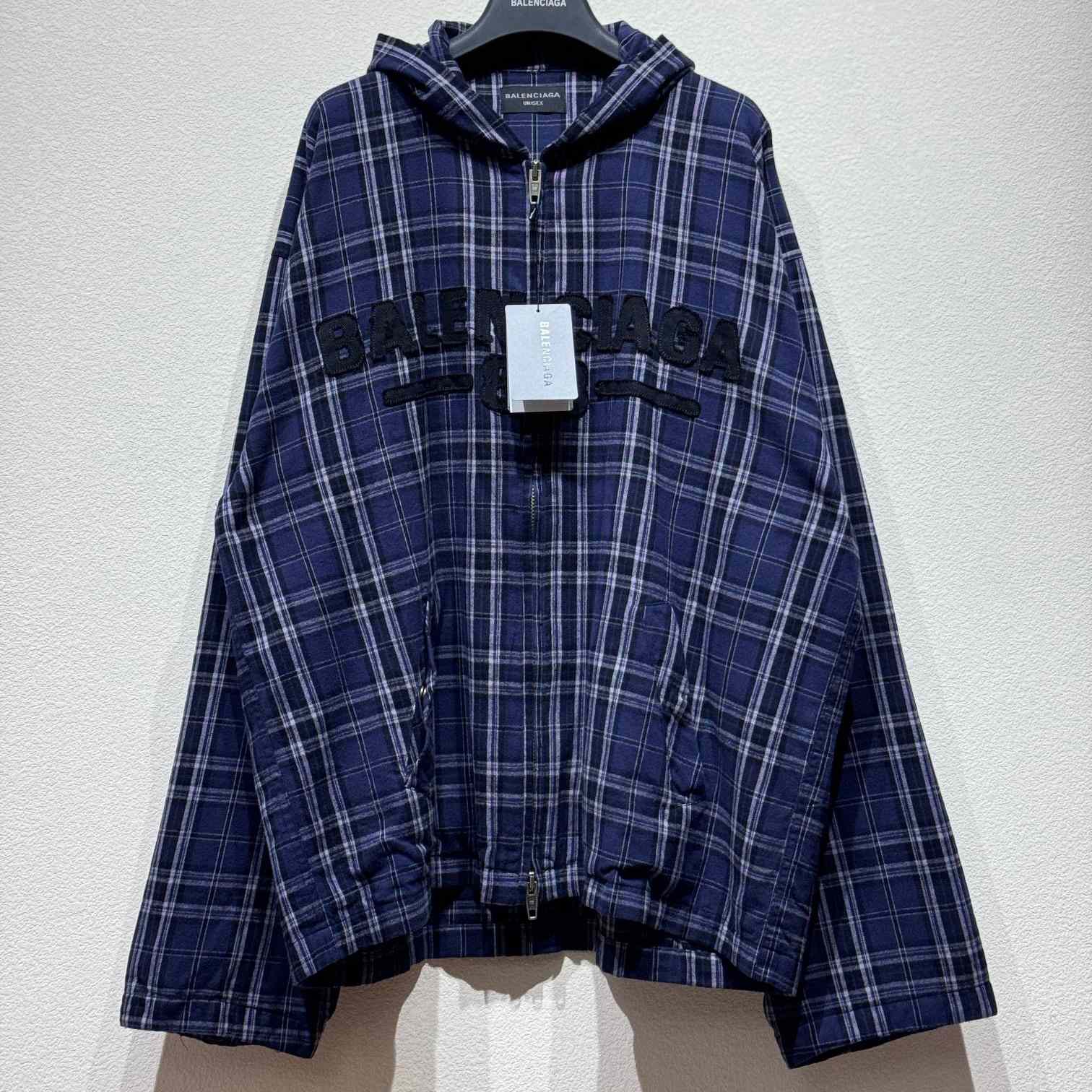 Balenciaga BB Center Logo Blue Check Hood Jacket - DopestKickz