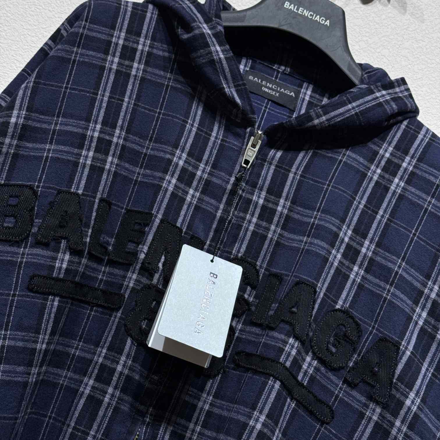 Balenciaga BB Center Logo Blue Check Hood Jacket - DopestKickz