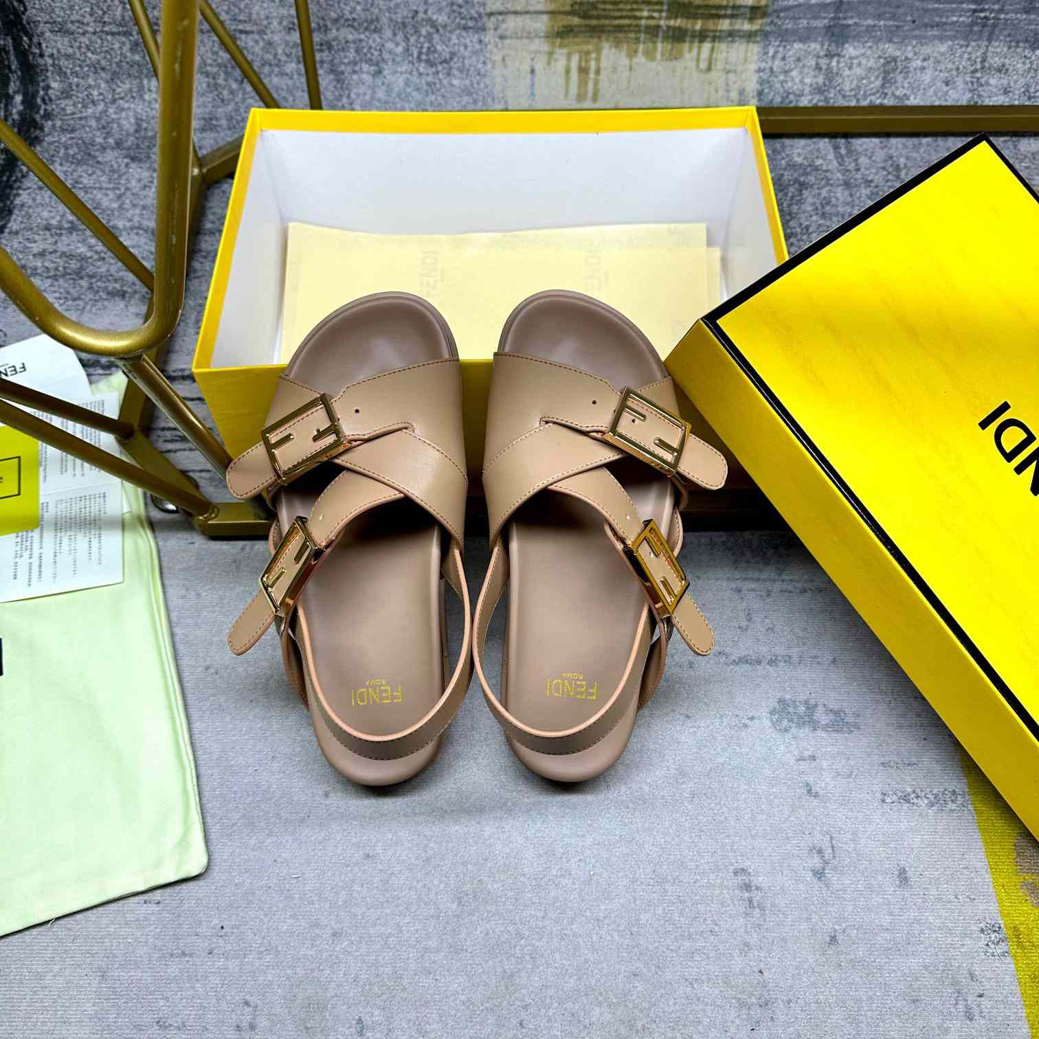 Fendi Feel Beige Leather Slides - DopestKickz
