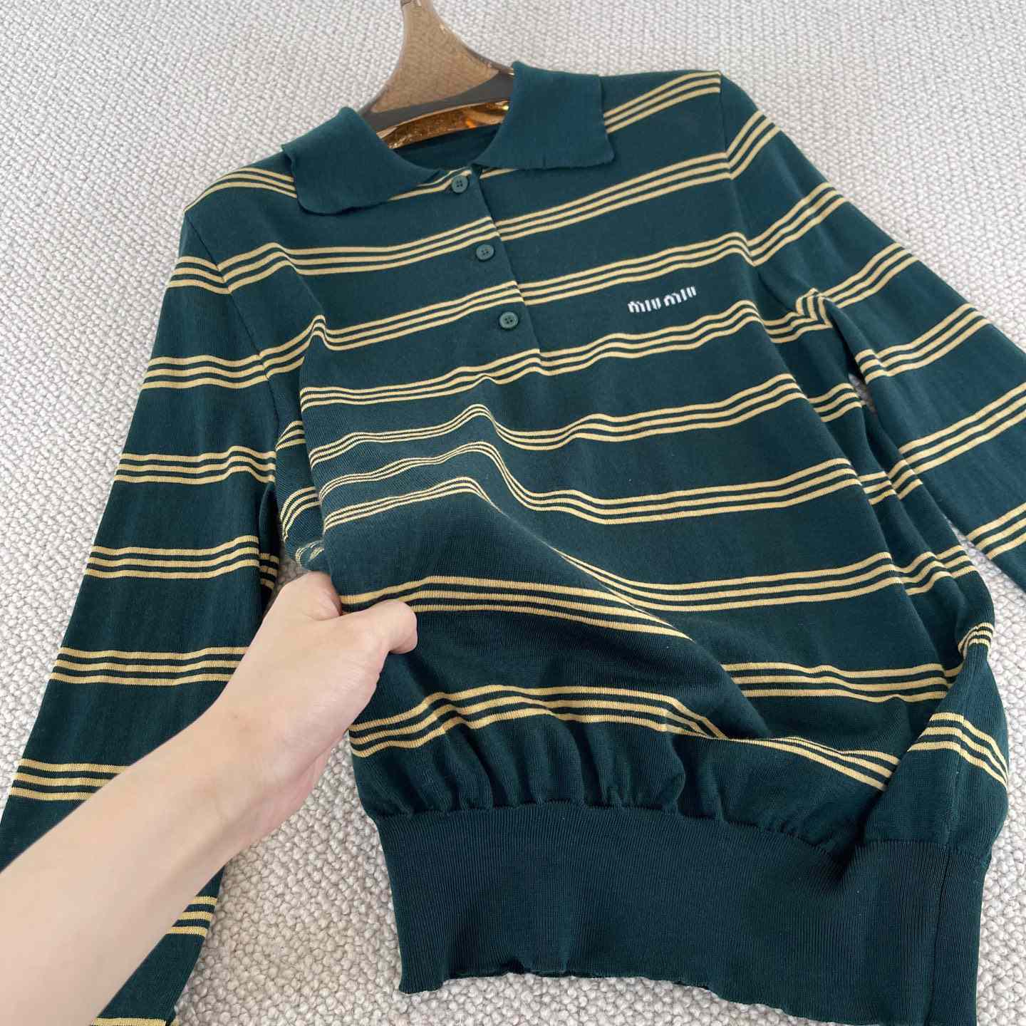 Miu Miu Women's Green and White Striped Sweater - DopestKickz