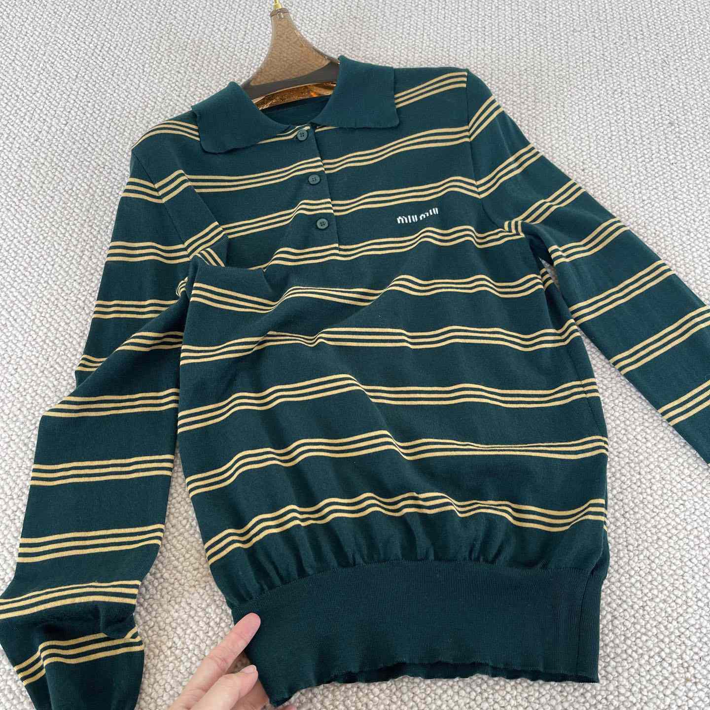 Miu Miu Women's Green and White Striped Sweater - DopestKickz