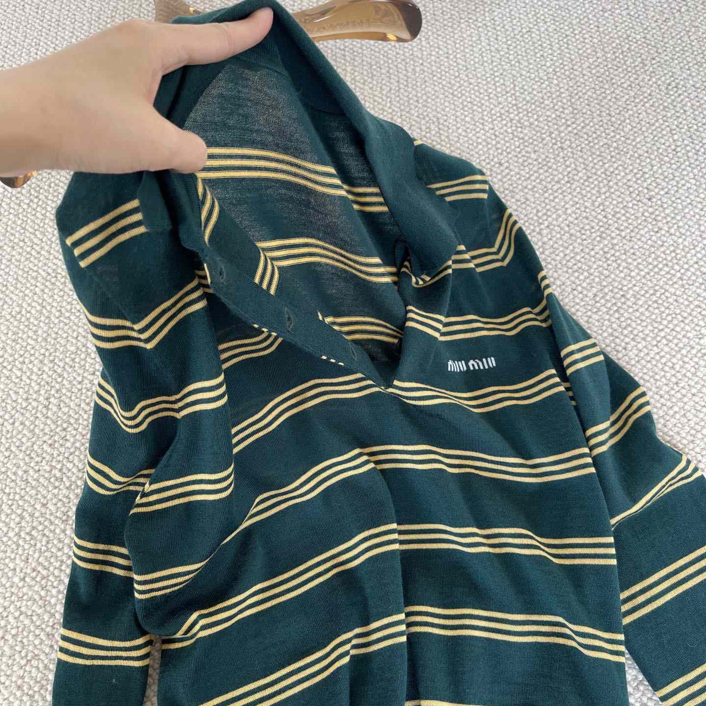 Miu Miu Women's Green and White Striped Sweater - DopestKickz