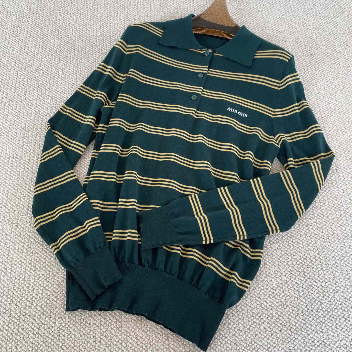 Miu Miu Women's Green and White Striped Sweater - DopestKickz