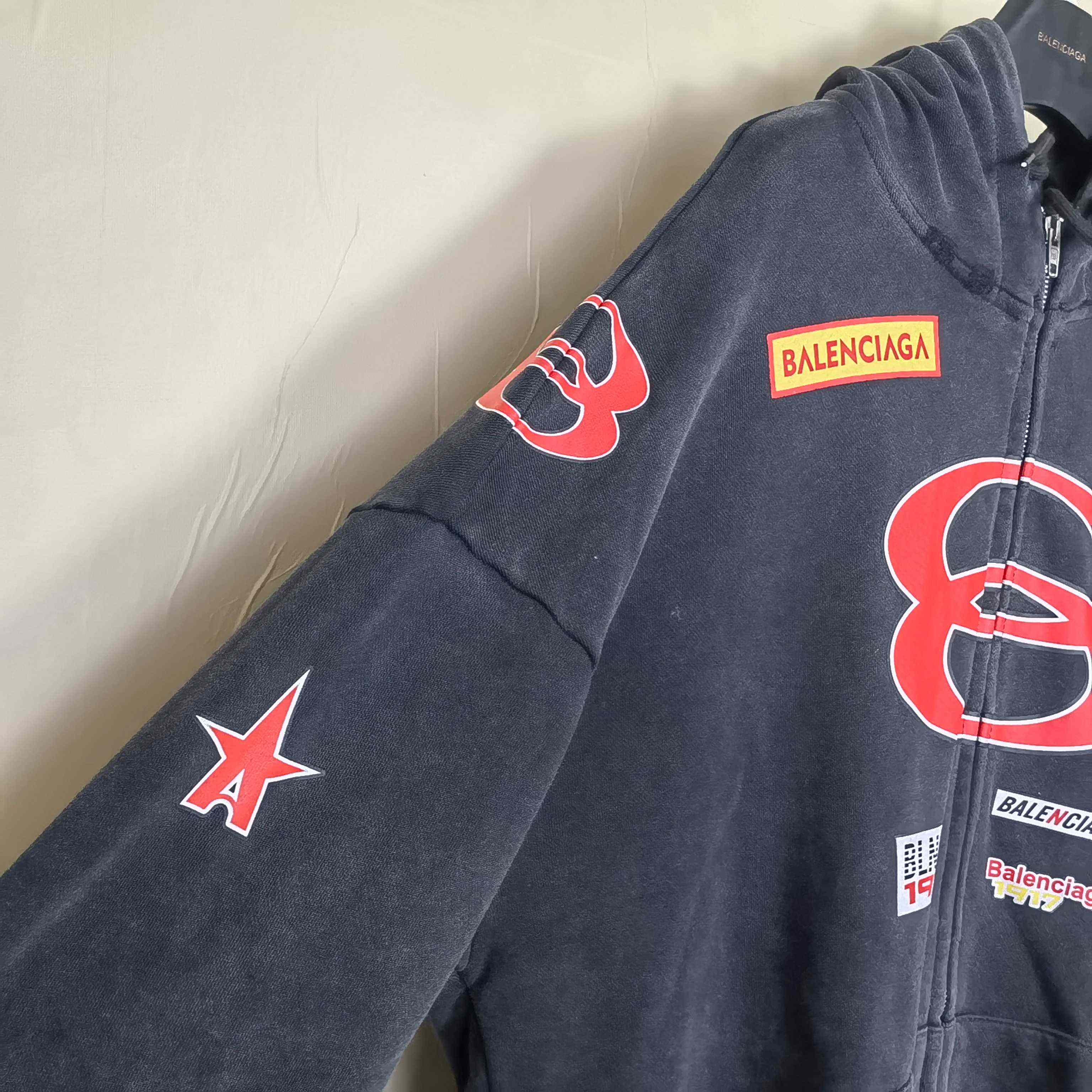Balenciaga Sponsor Logos Large Zip-Up Hoodie In Faded Washed Black - DopestKickz