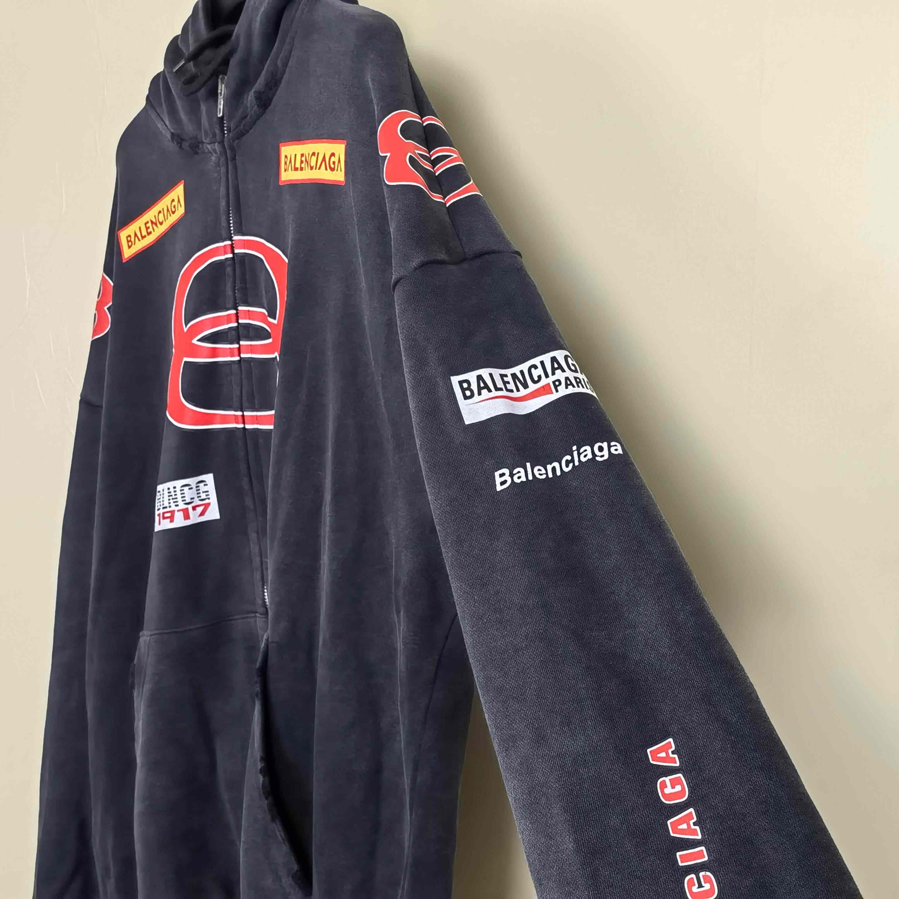 Balenciaga Sponsor Logos Large Zip-Up Hoodie In Faded Washed Black - DopestKickz