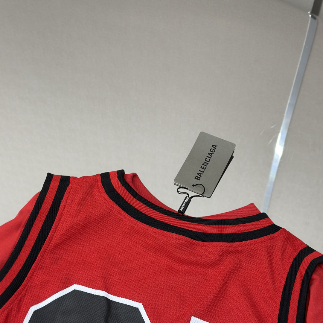Balenciaga Basketball Series - Layered Long Sleeve T-Shirt In Red And Black Sporty Mesh Jersey - DopestKickz