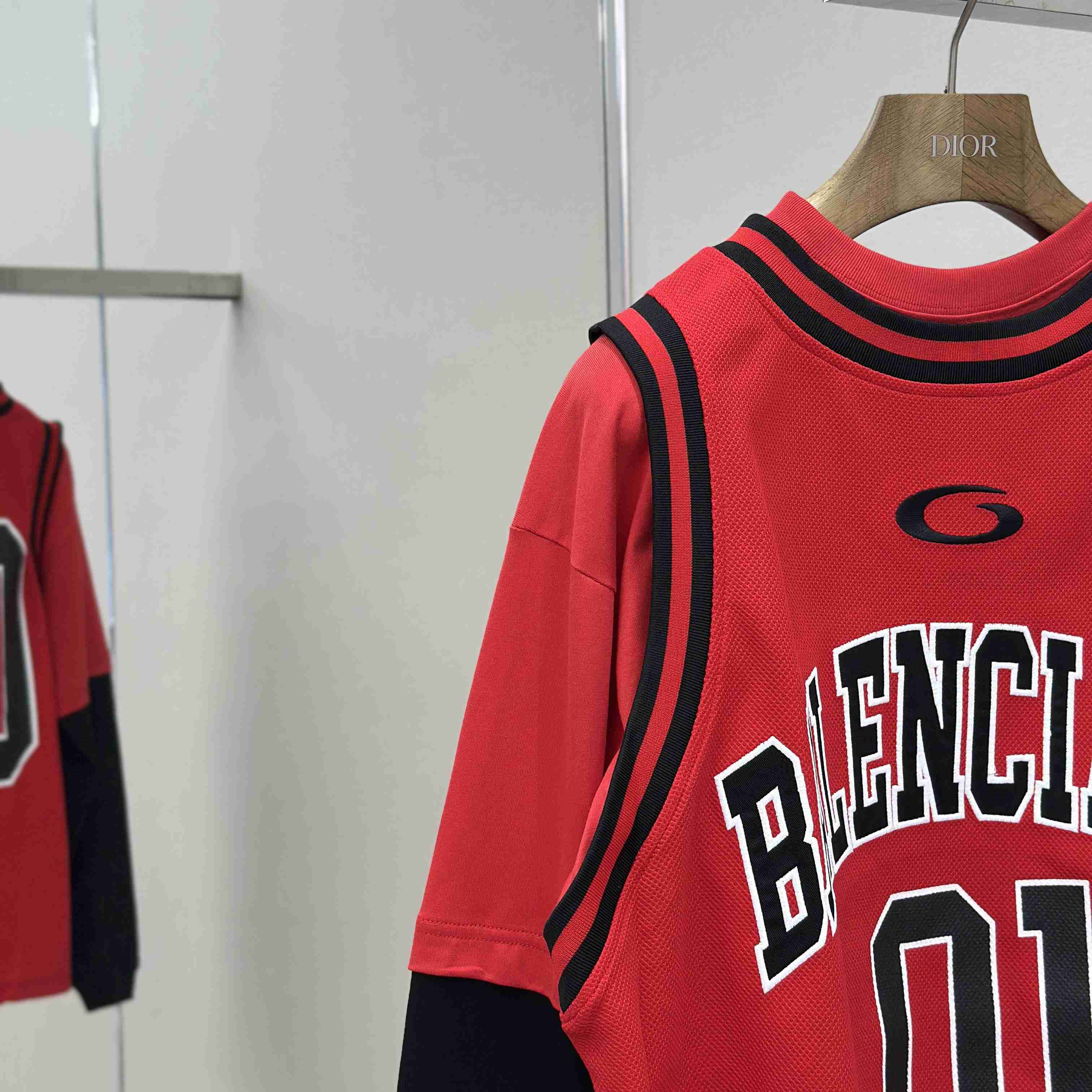 Balenciaga Basketball Series - Layered Long Sleeve T-Shirt In Red And Black Sporty Mesh Jersey - DopestKickz