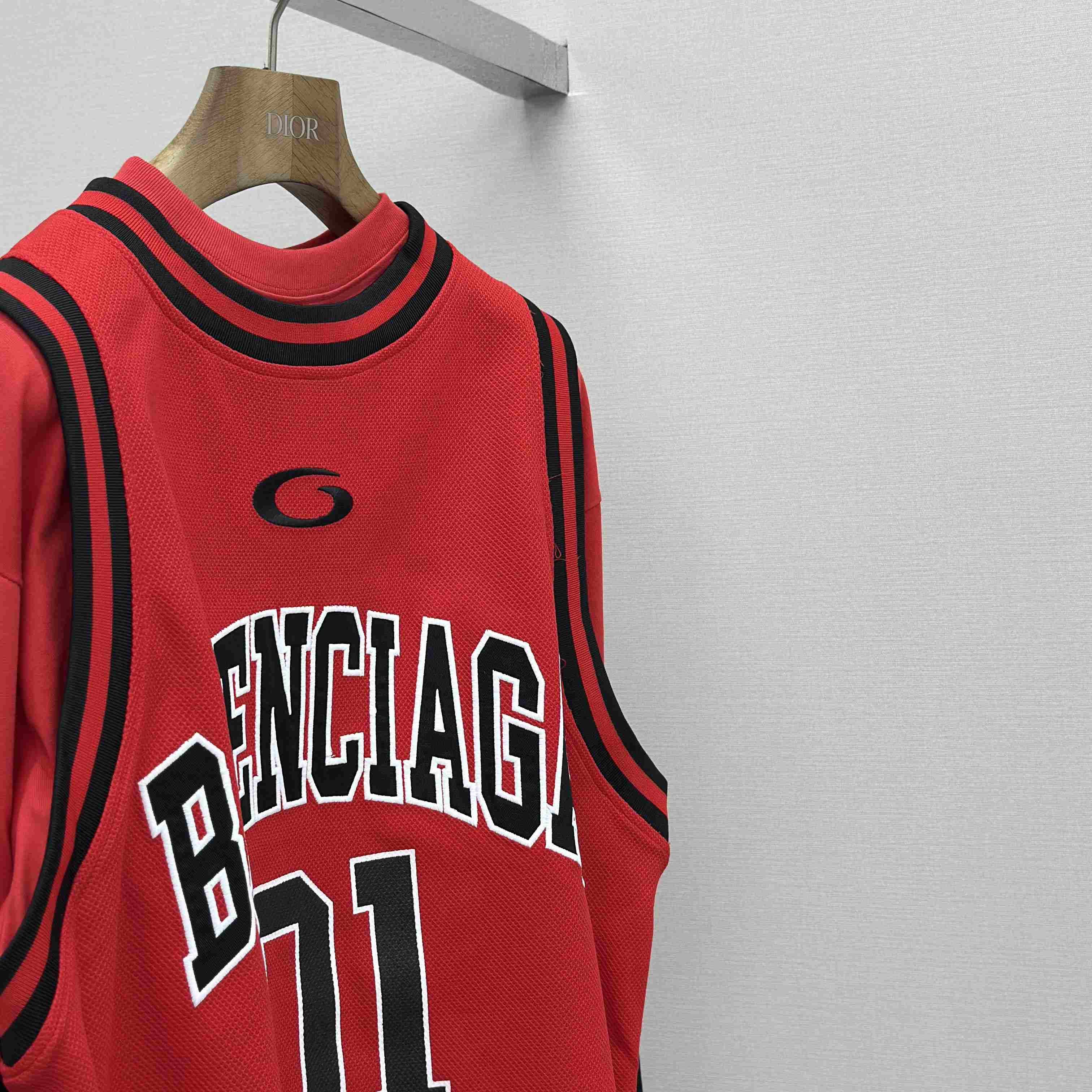 Balenciaga Basketball Series - Layered Long Sleeve T-Shirt In Red And Black Sporty Mesh Jersey - DopestKickz