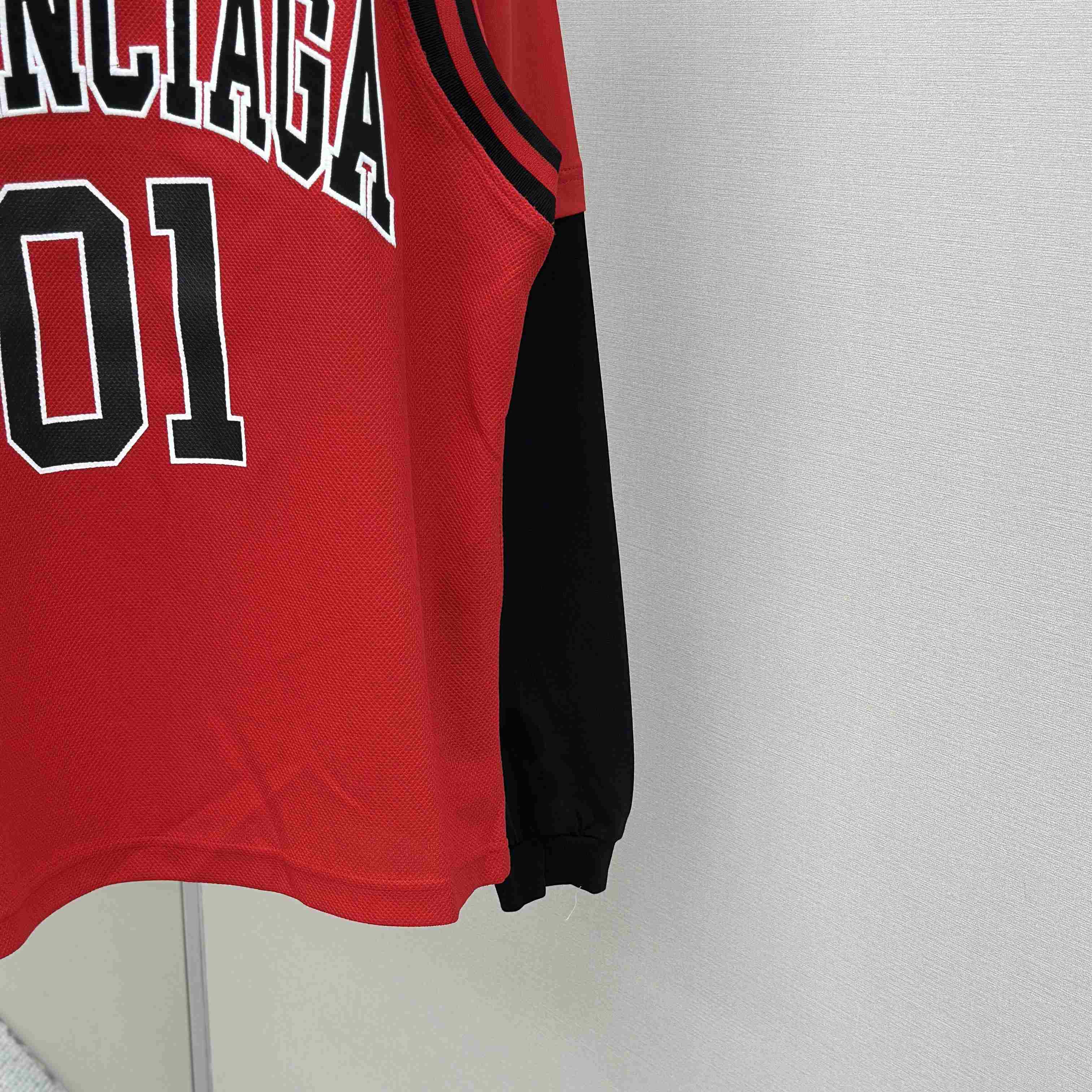Balenciaga Basketball Series - Layered Long Sleeve T-Shirt In Red And Black Sporty Mesh Jersey - DopestKickz