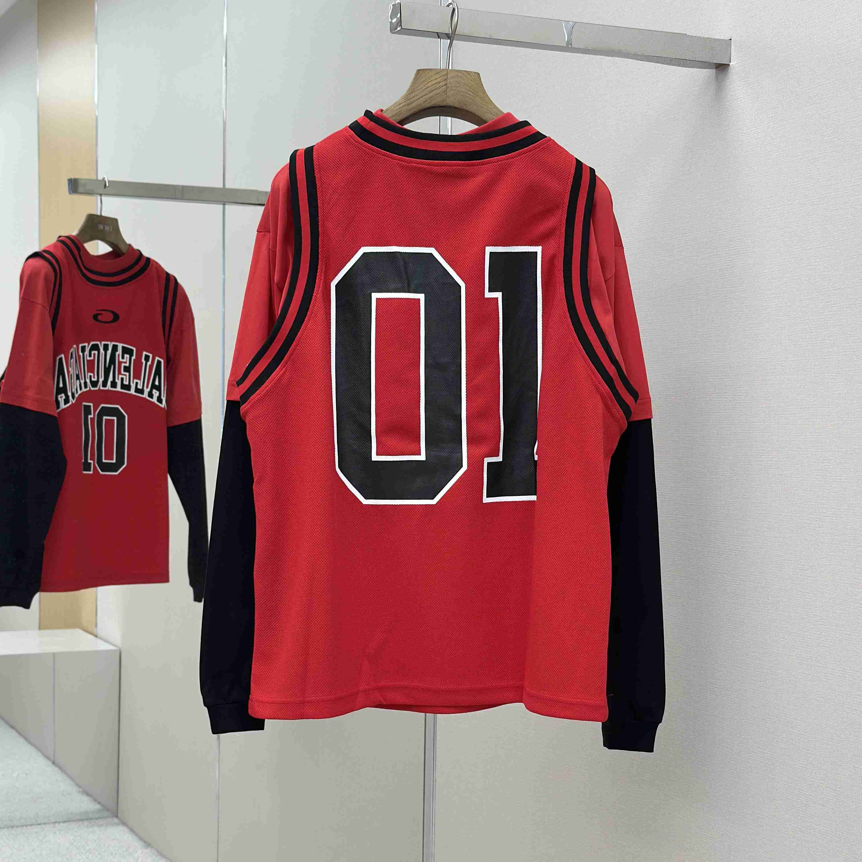 Balenciaga Basketball Series - Layered Long Sleeve T-Shirt In Red And Black Sporty Mesh Jersey - DopestKickz
