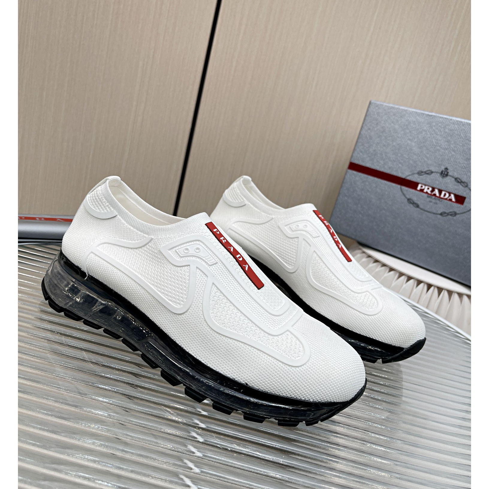 Prada Logo Sneakers In White - DopestKickz