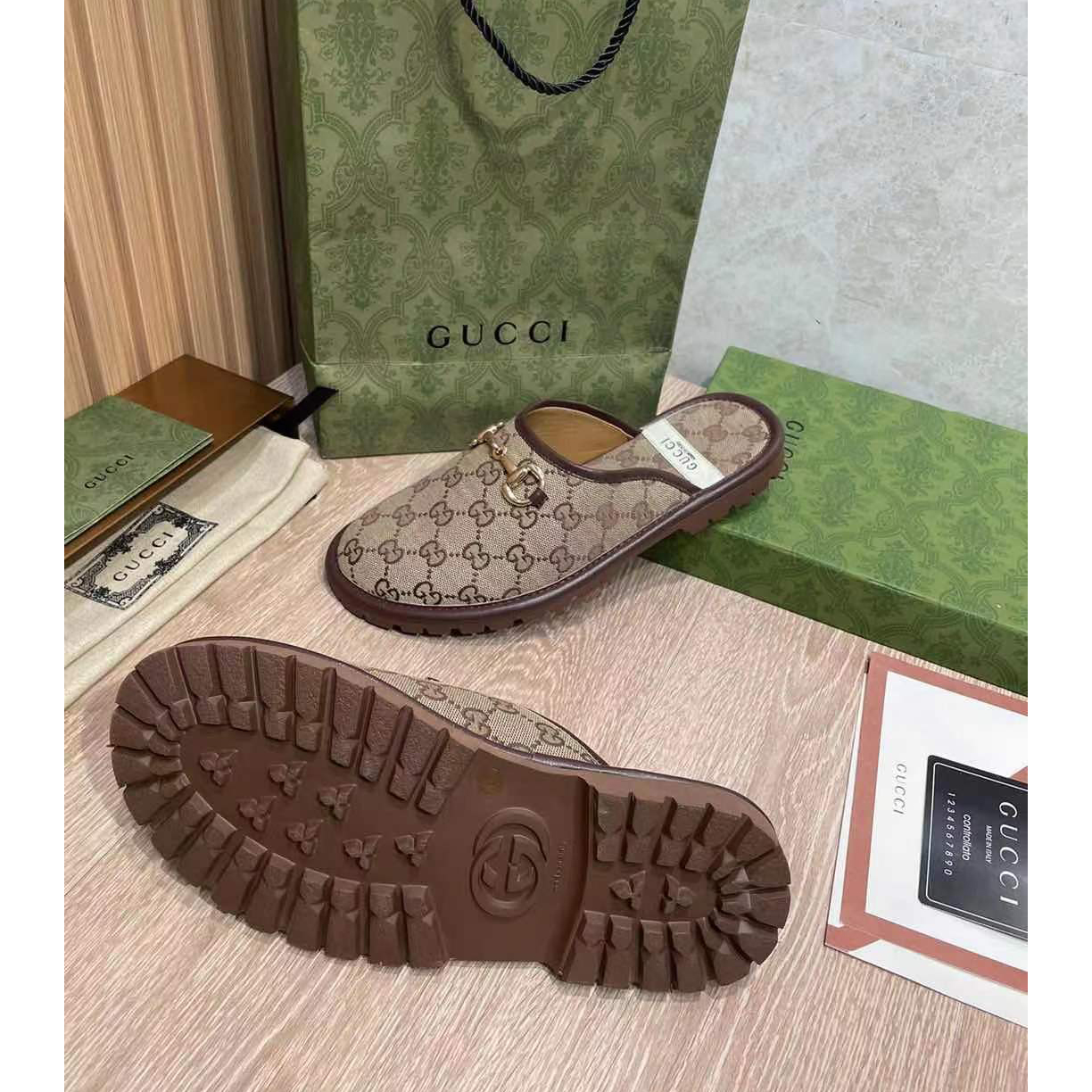 Gucci Beige & Brown GG Horsebit Slip-On Loafers - DopestKickz
