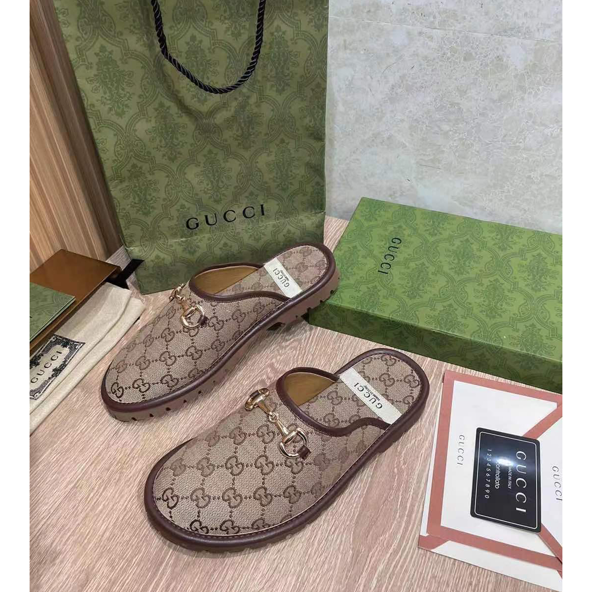 Gucci Beige & Brown GG Horsebit Slip-On Loafers - DopestKickz