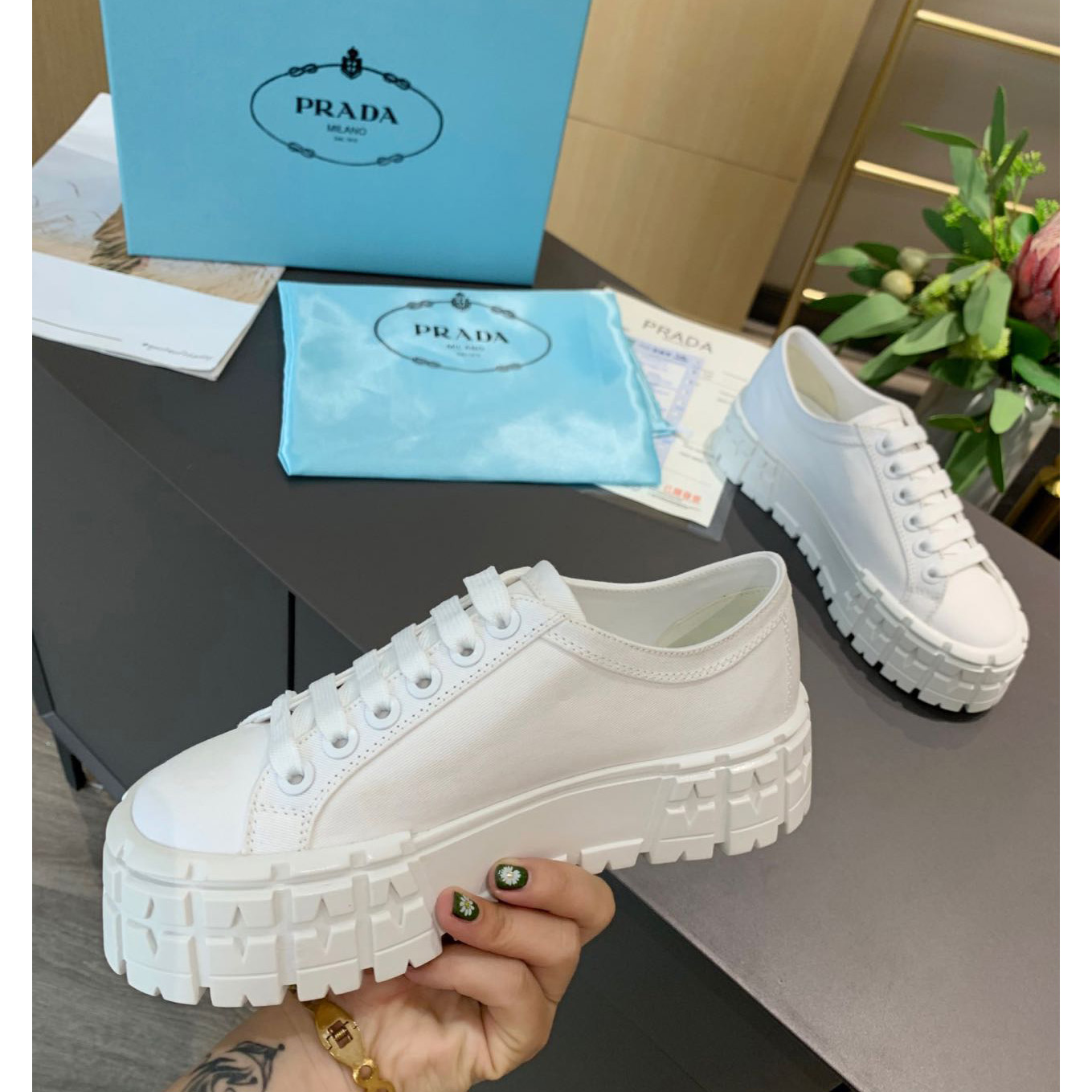 Prada Logo Sneakers In White - DopestKickz