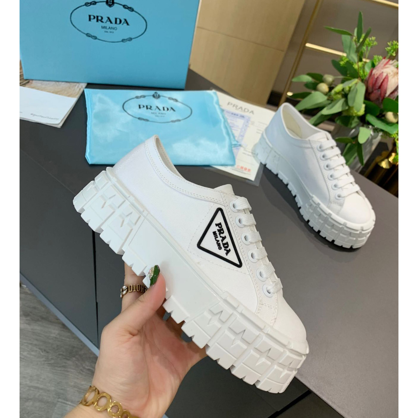 Prada Logo Sneakers In White - DopestKickz