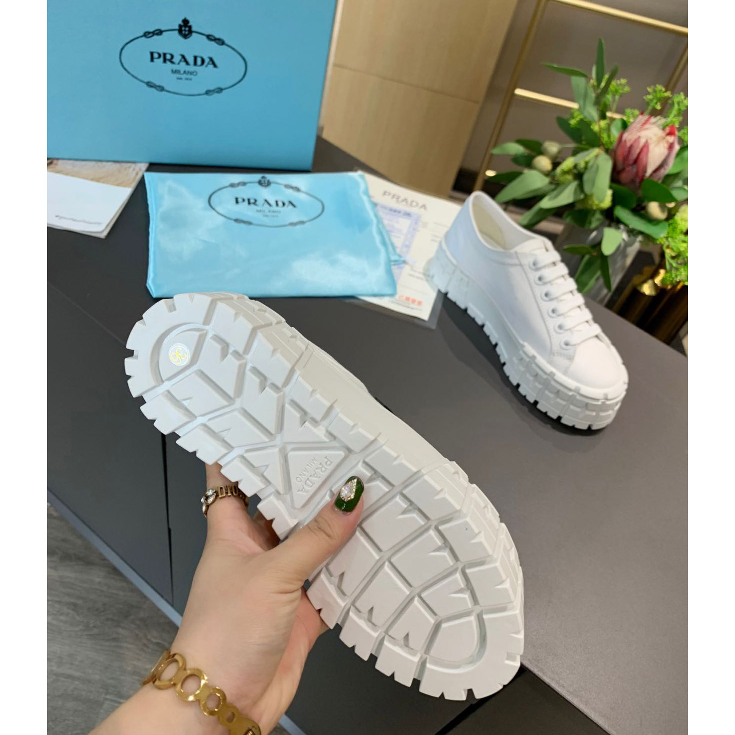 Prada Logo Sneakers In White - DopestKickz