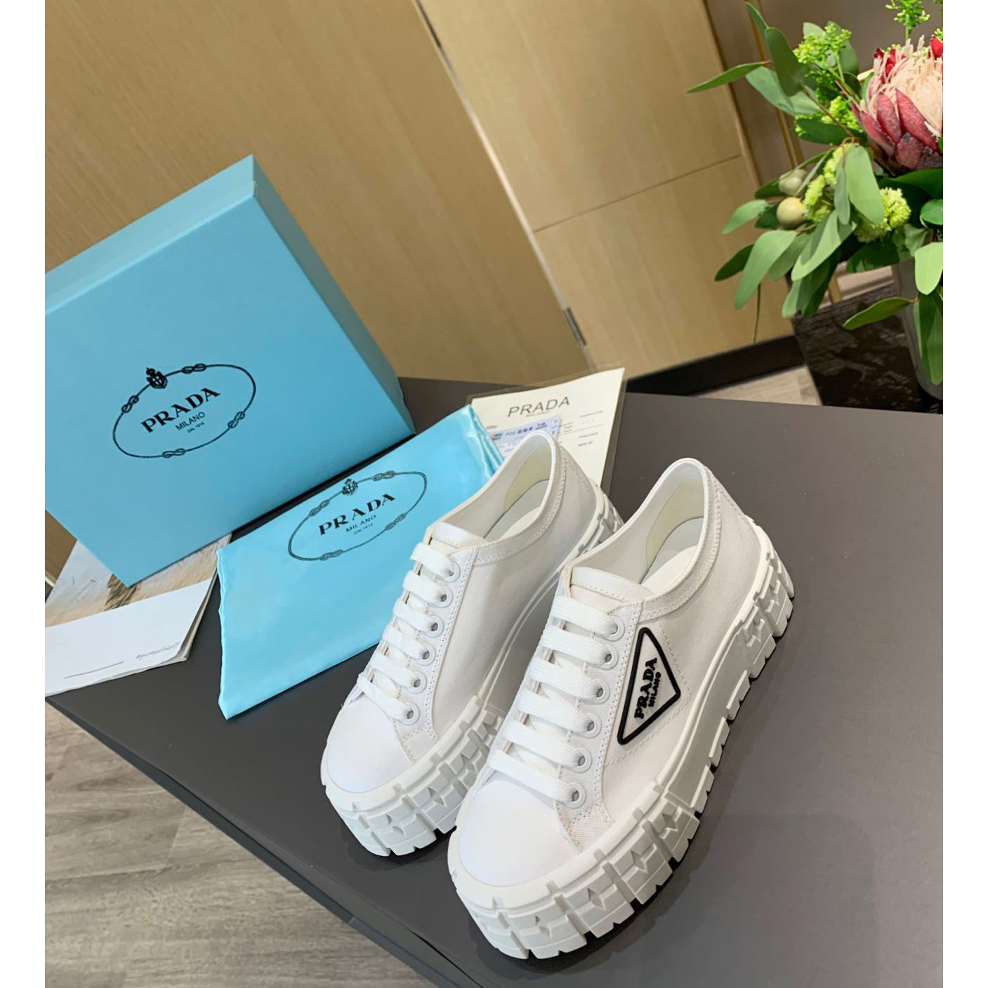 Prada Logo Sneakers In White - DopestKickz