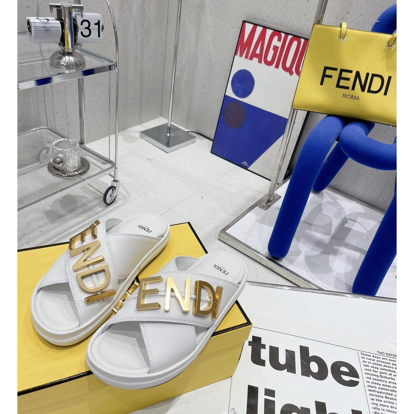 Fendi Graphy White Leather Slides - DopestKickz