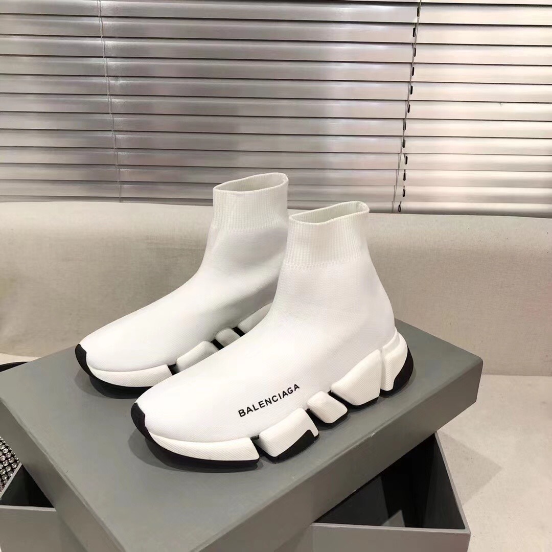 Balenciaga  Speed 2.0 Recycled Knit Sneaker In White/Black - DopestKickz