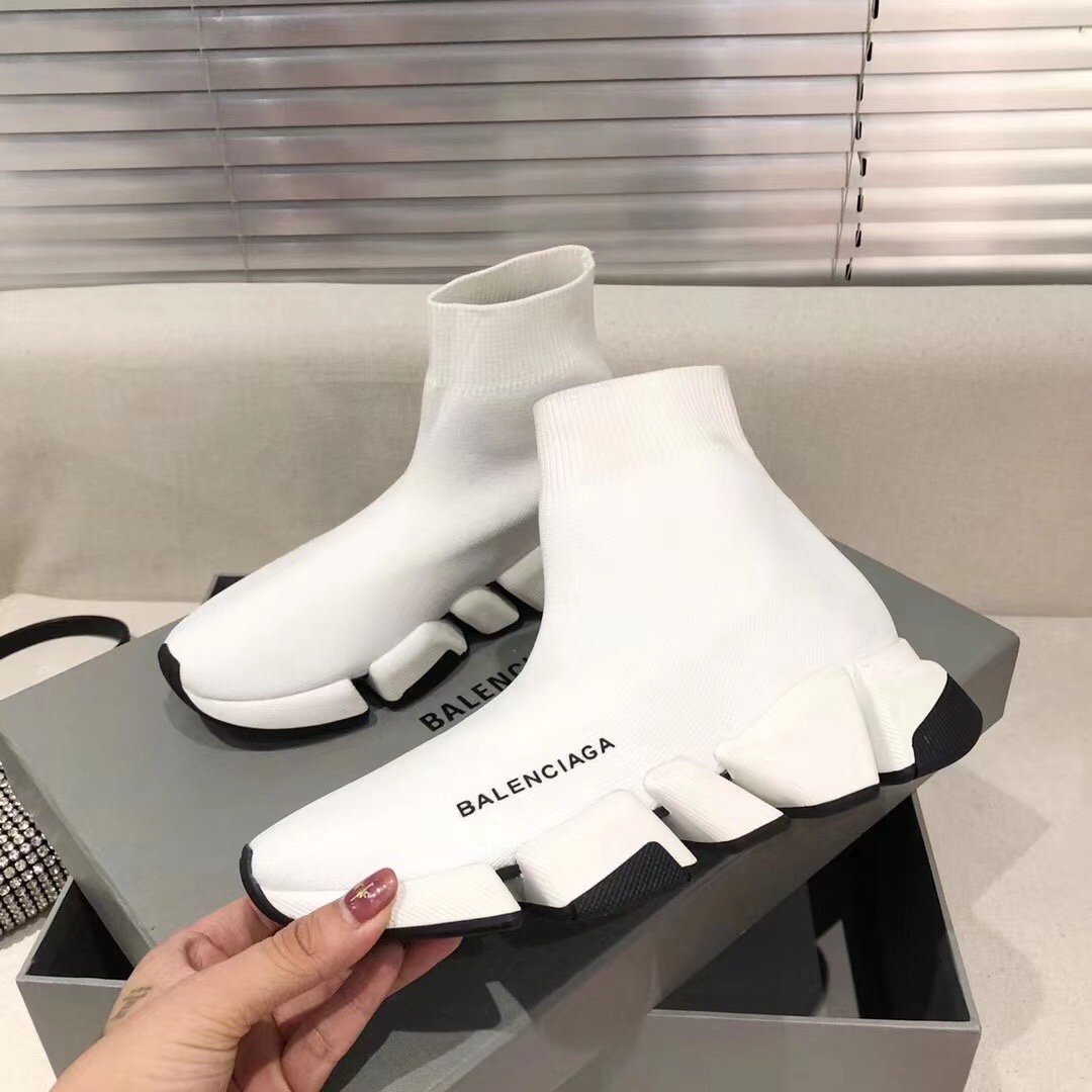 Balenciaga  Speed 2.0 Recycled Knit Sneaker In White/Black - DopestKickz