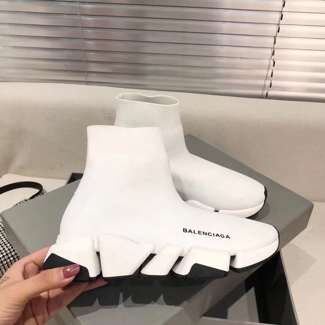 Balenciaga  Speed 2.0 Recycled Knit Sneaker In White/Black - DopestKickz