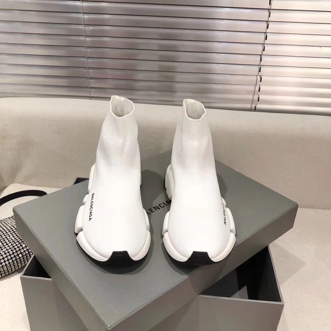 Balenciaga  Speed 2.0 Recycled Knit Sneaker In White/Black - DopestKickz