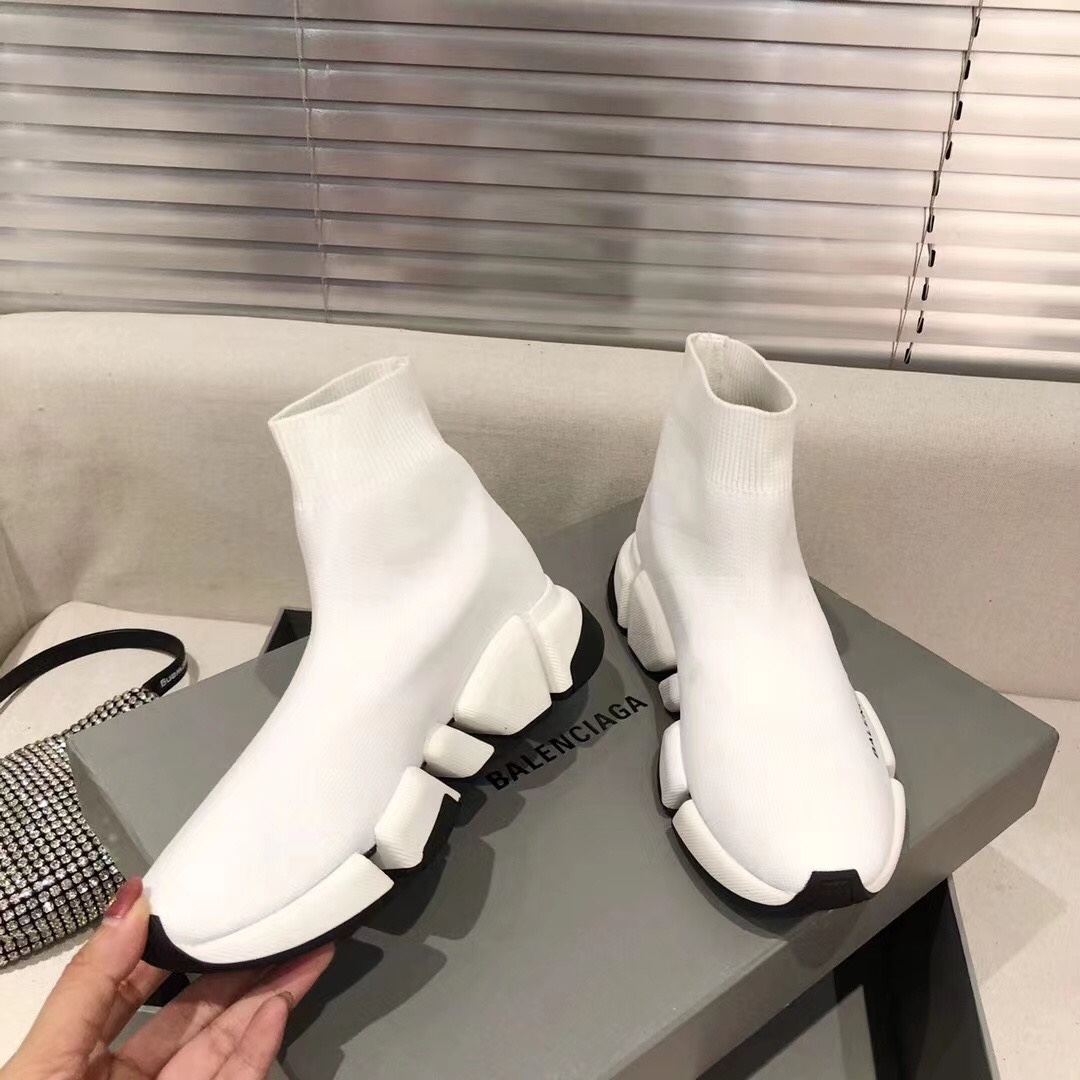 Balenciaga  Speed 2.0 Recycled Knit Sneaker In White/Black - DopestKickz
