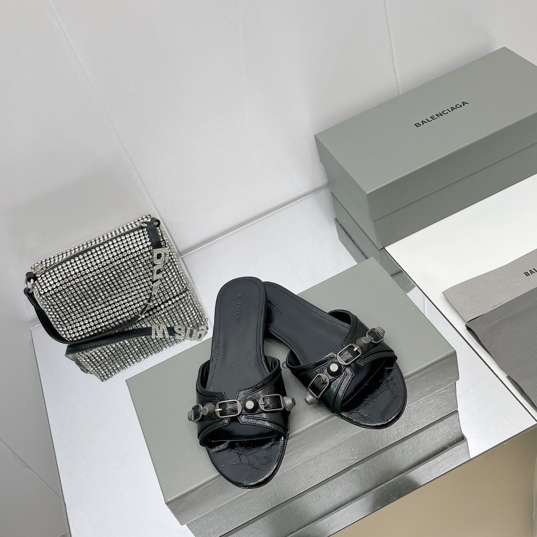 Balenciaga Cagole Sandal In Black Arena Lambskin - DopestKickz