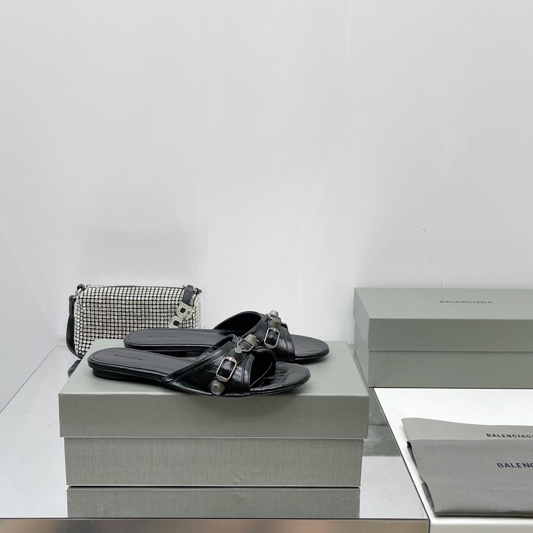 Balenciaga Cagole Sandal In Black Arena Lambskin - DopestKickz