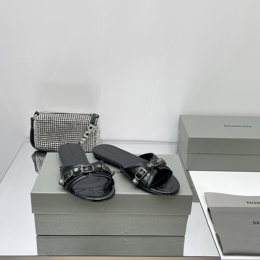 Balenciaga Cagole Sandal In Black Arena Lambskin - DopestKickz