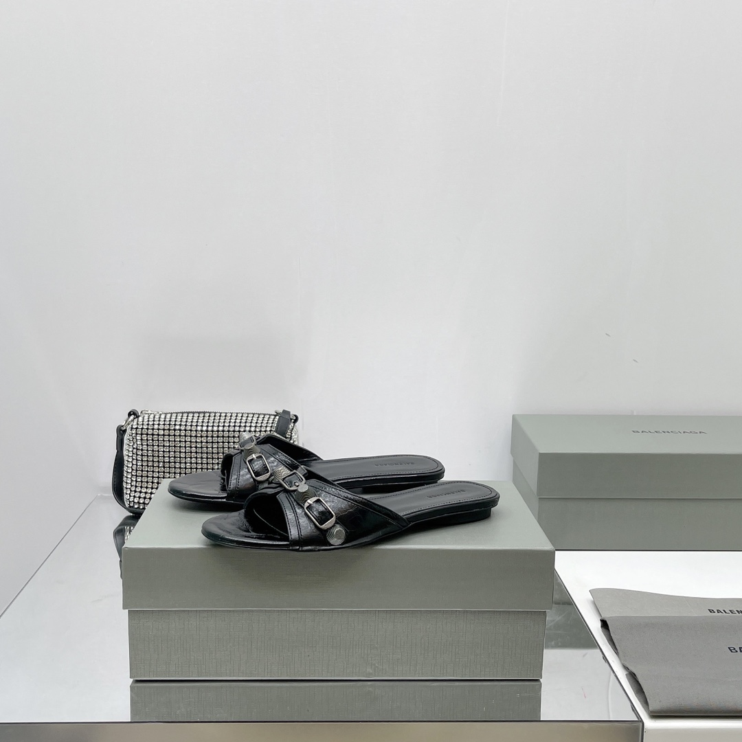 Balenciaga Cagole Sandal In Black Arena Lambskin - DopestKickz