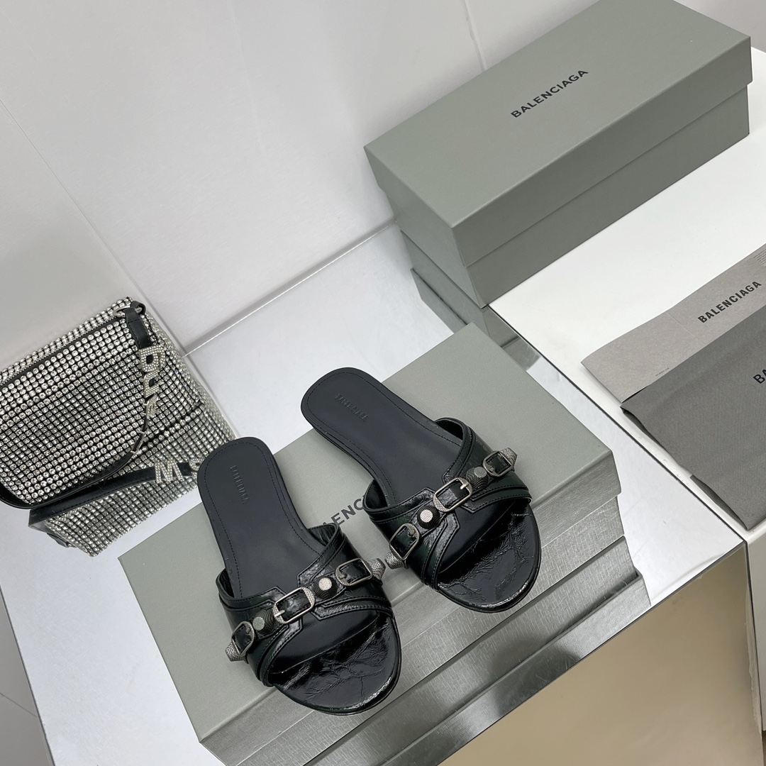 Balenciaga Cagole Sandal In Black Arena Lambskin - DopestKickz