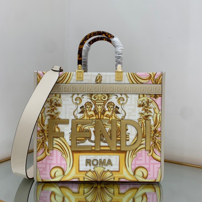 Versace x Fendi Sunshine Medium Fendace Printed White Leather Shopper(35-31-17cm) - DopestKickz