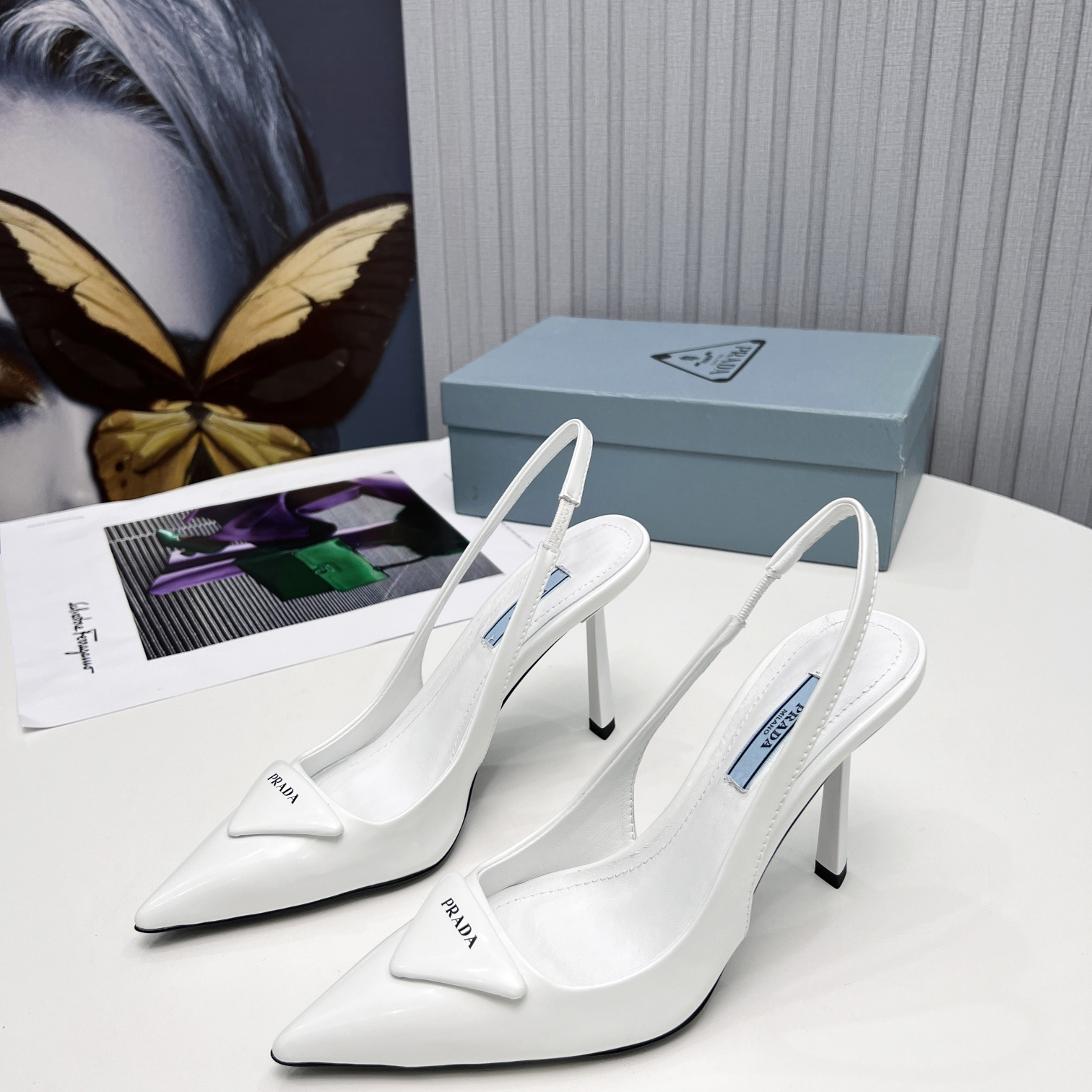 Prada Brushed Leather Slingback Pumps In White - DopestKickz