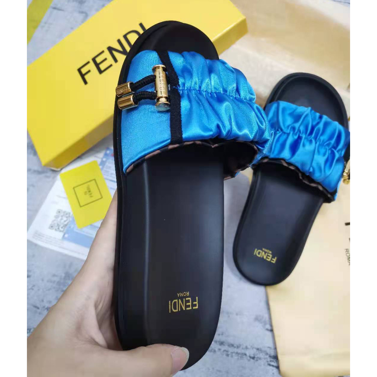 Fendi Fendi Feel Blue Satin Slides - DopestKickz