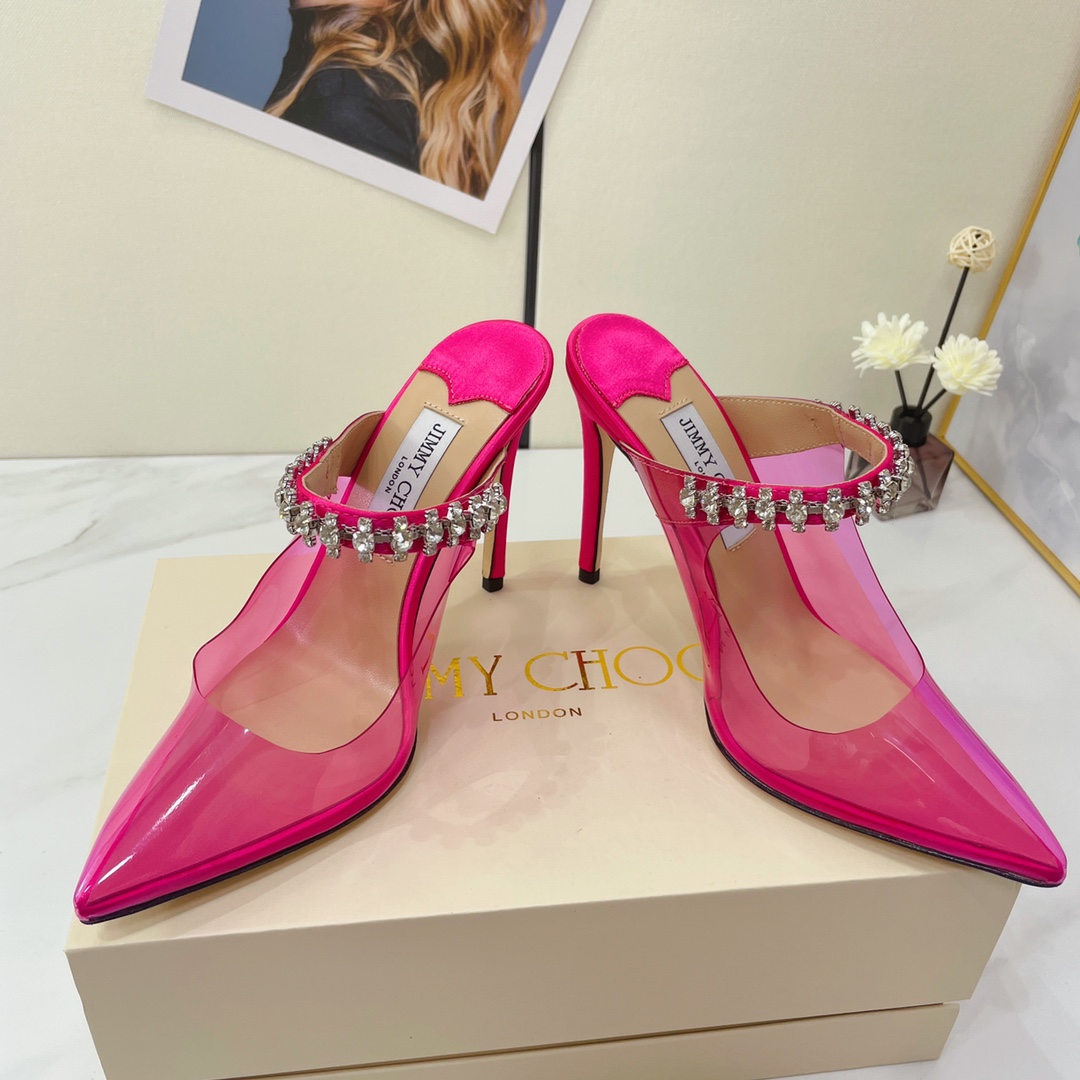 Jimmy Choo Bing 100 Hot Pink Neon Plexi Mules With Pink Crystal Strap - DopestKickz