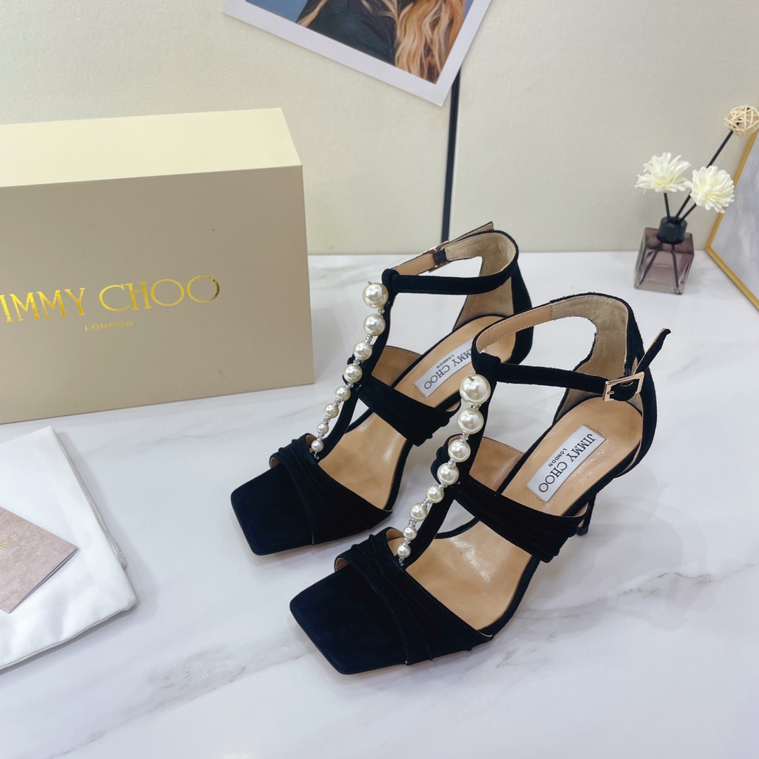 Jimmy Choo Black Suede Sandals With Pearls And Crystals - DopestKickz