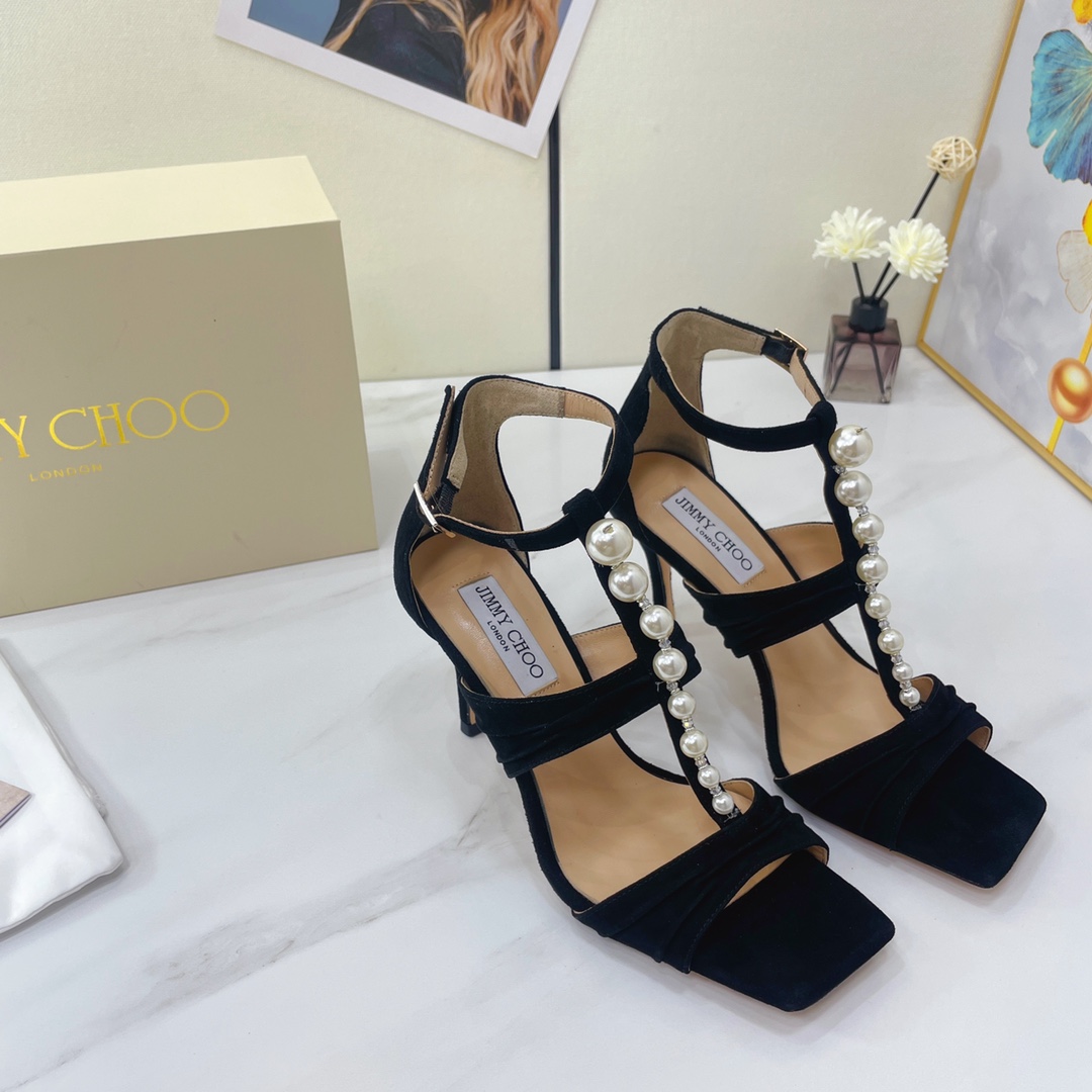 Jimmy Choo Black Suede Sandals With Pearls And Crystals - DopestKickz