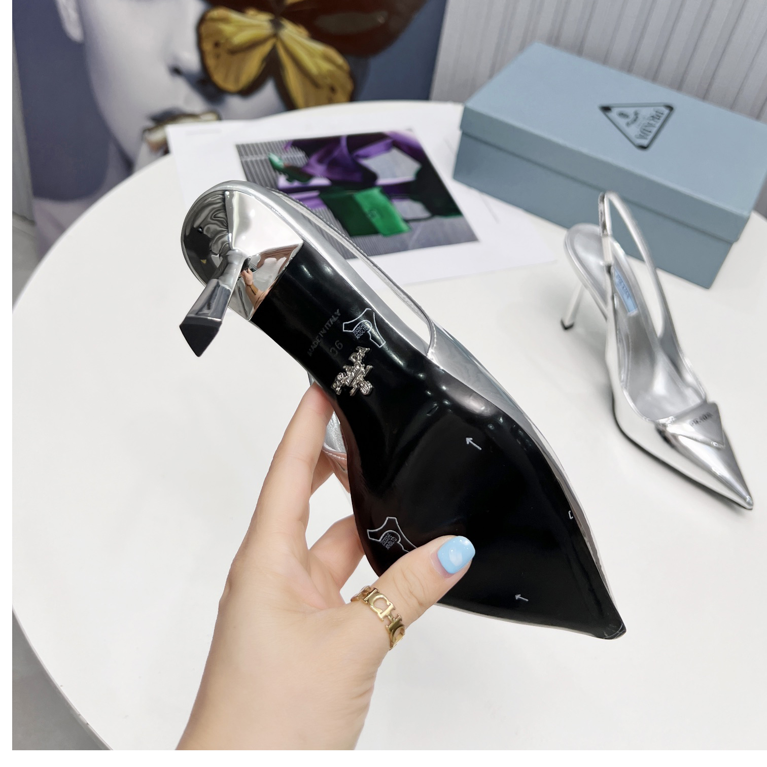 Prada Brushed Leather Slingback Pumps In Sliver - DopestKickz