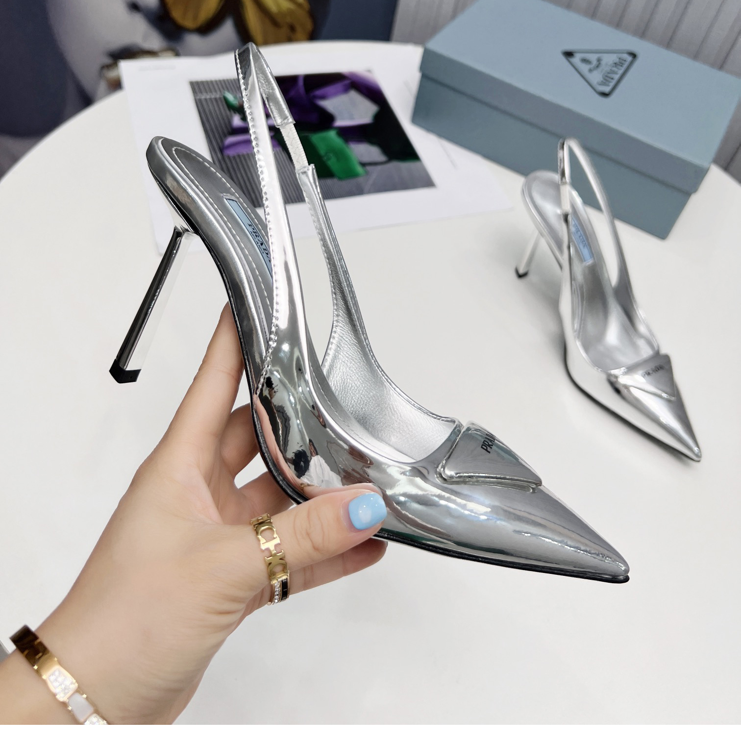 Prada Brushed Leather Slingback Pumps In Sliver - DopestKickz