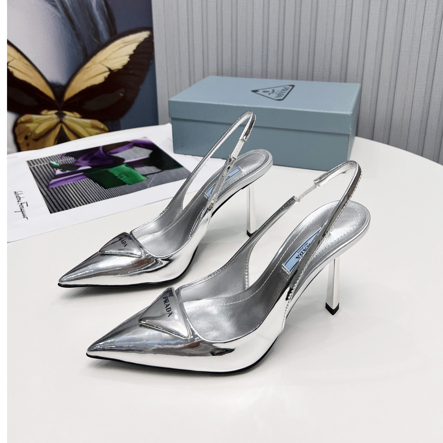 Prada Brushed Leather Slingback Pumps In Sliver - DopestKickz