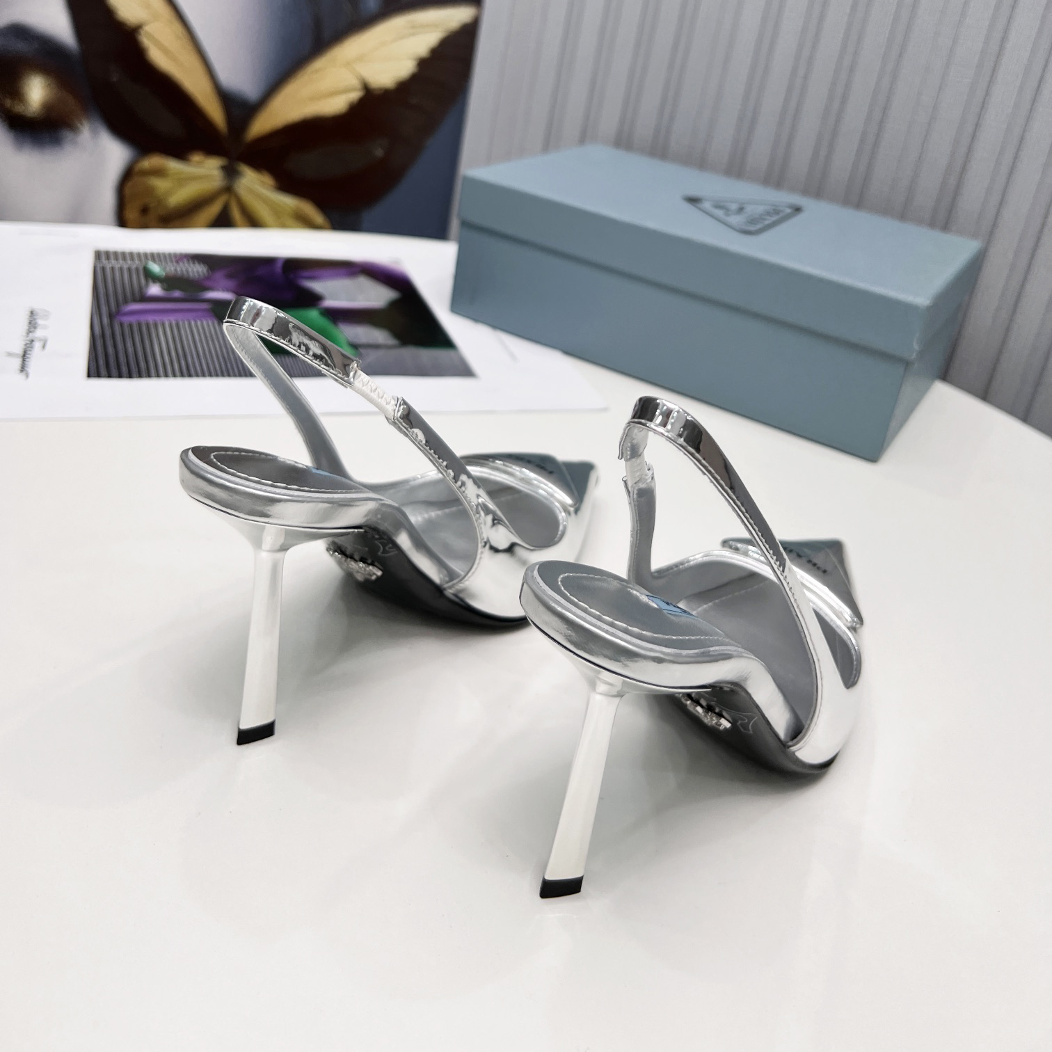 Prada Brushed Leather Slingback Pumps In Sliver - DopestKickz