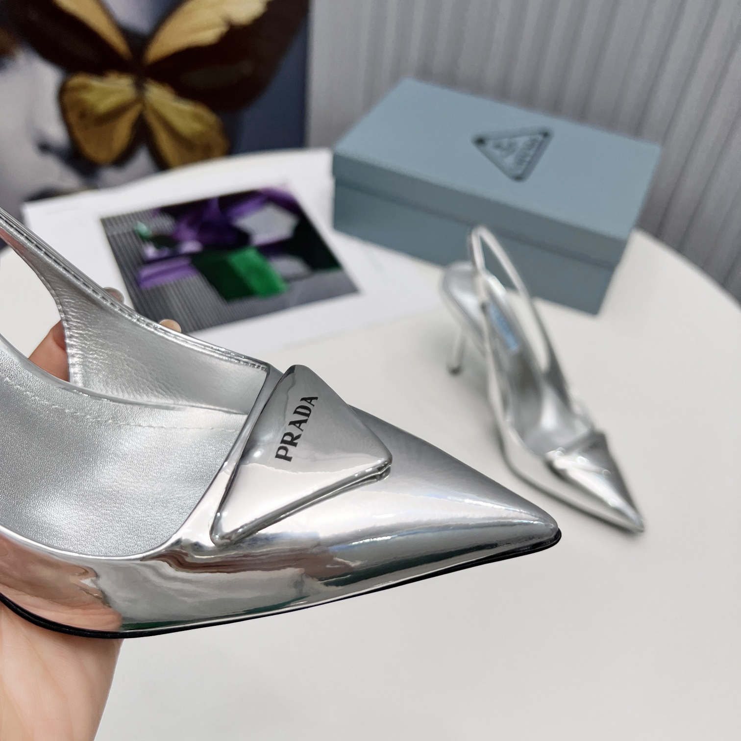 Prada Brushed Leather Slingback Pumps In Sliver - DopestKickz