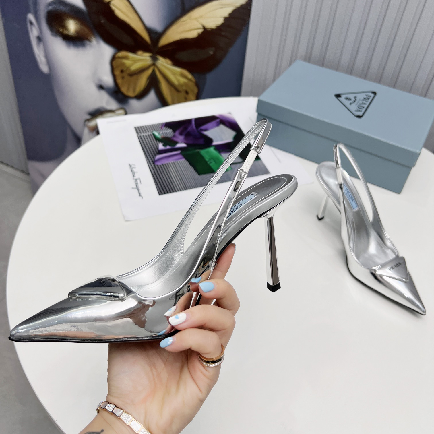 Prada Brushed Leather Slingback Pumps In Sliver - DopestKickz