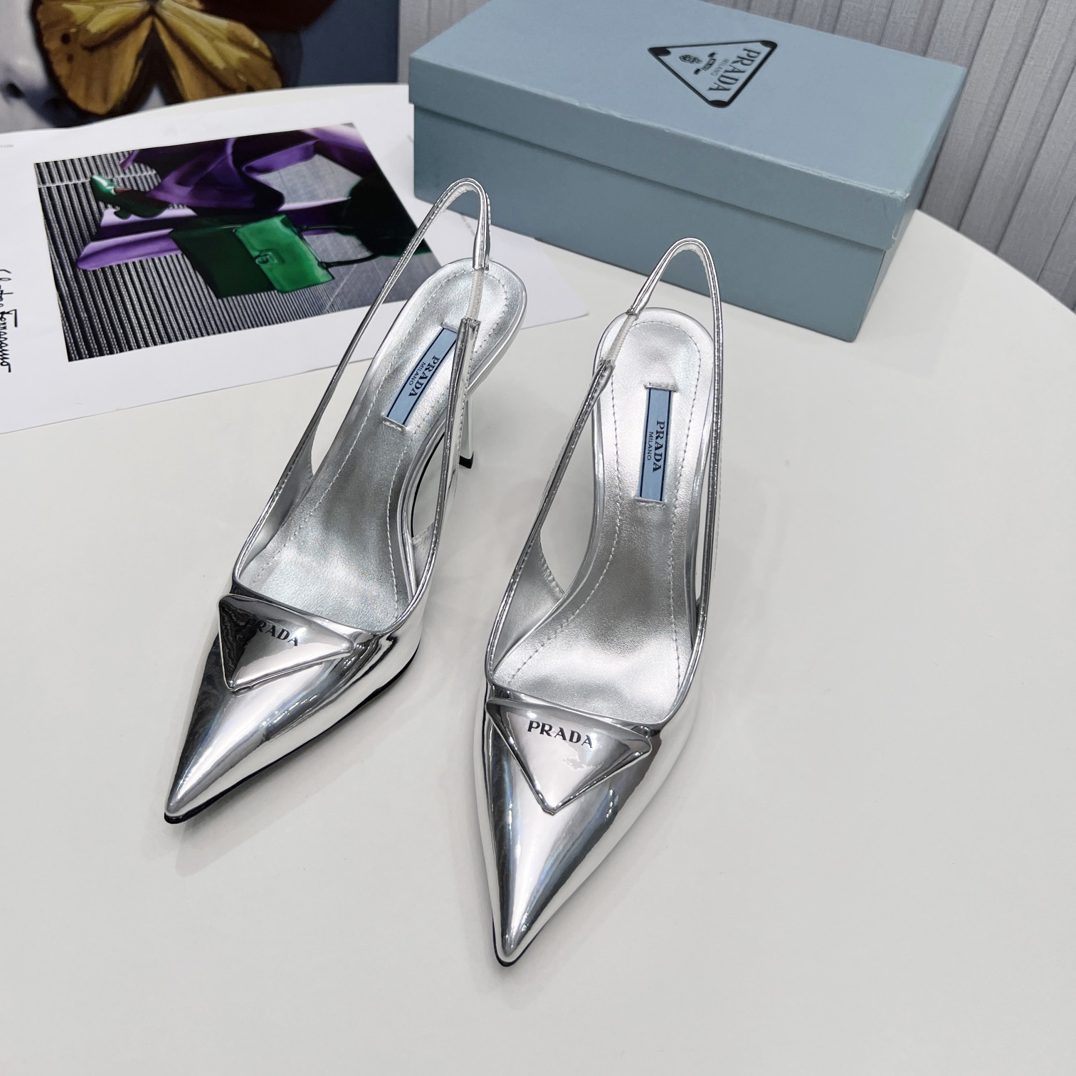 Prada Brushed Leather Slingback Pumps In Sliver - DopestKickz