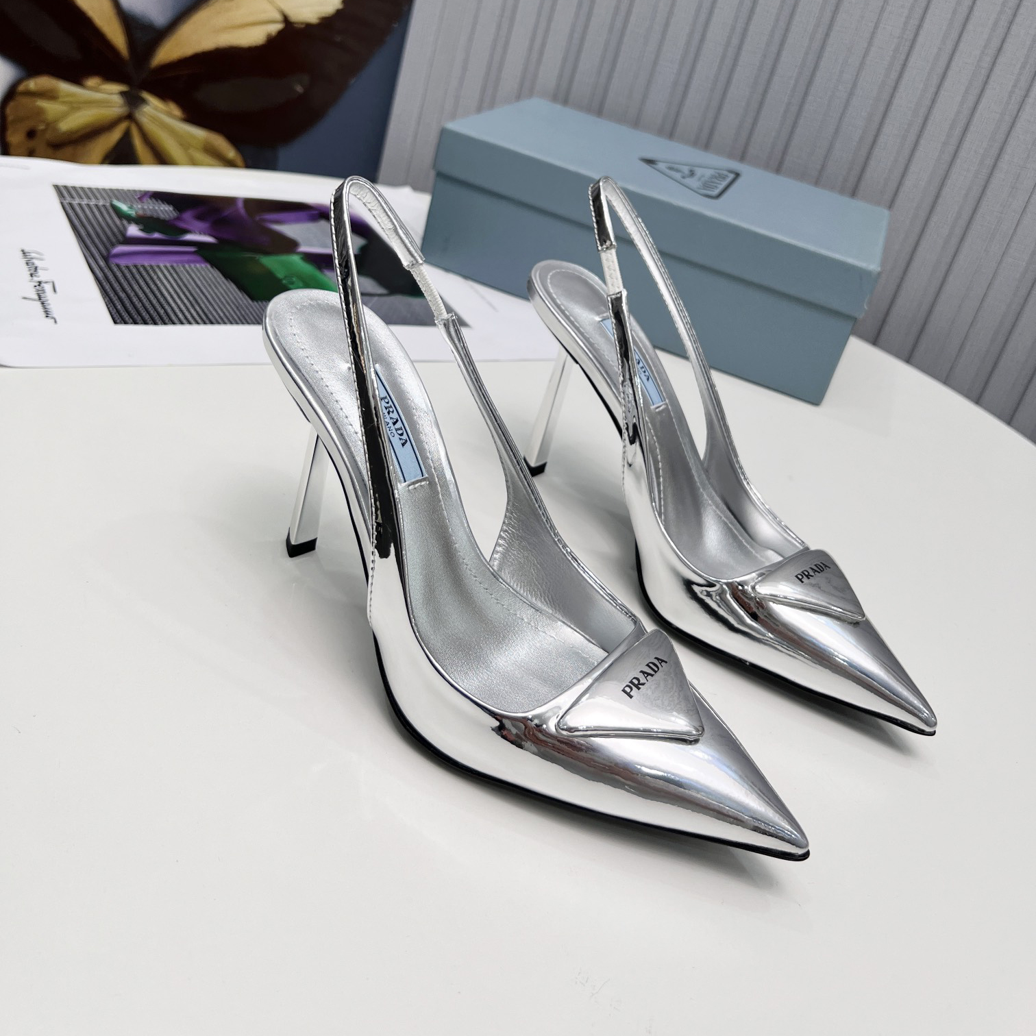 Prada Brushed Leather Slingback Pumps In Sliver - DopestKickz