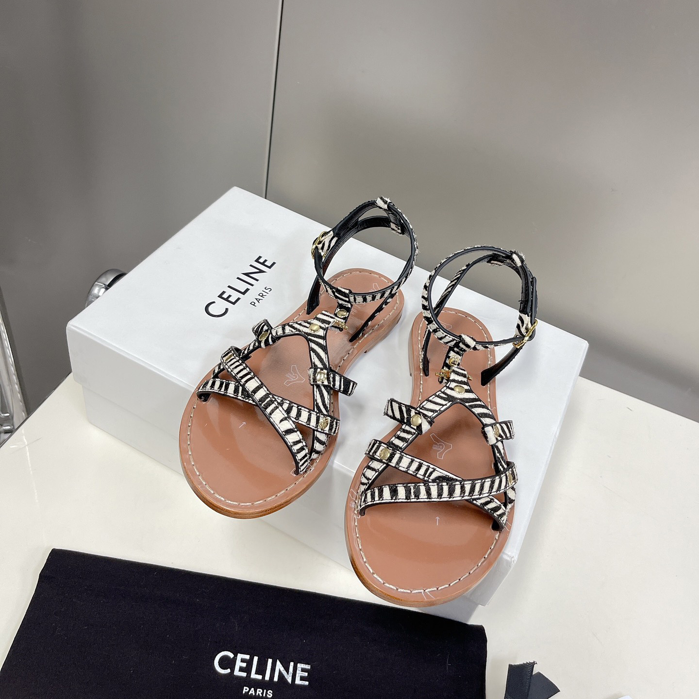 Celine Taillat Triomphe Sandal In Zebra Printed Hairy Calfskin Black/White - DopestKickz