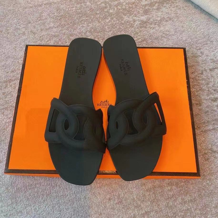 Hermes Rubber Aloha Sandals 37 Black - DopestKickz