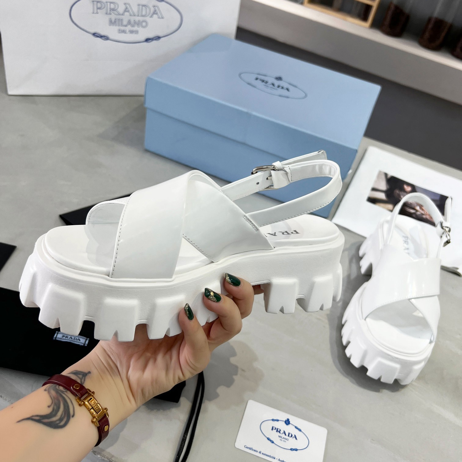 Prada Monolith Brushed Leather Sandals - DopestKickz